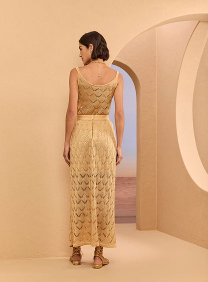 Saia Midi Tricot Rendado Bege Skazi -SALE