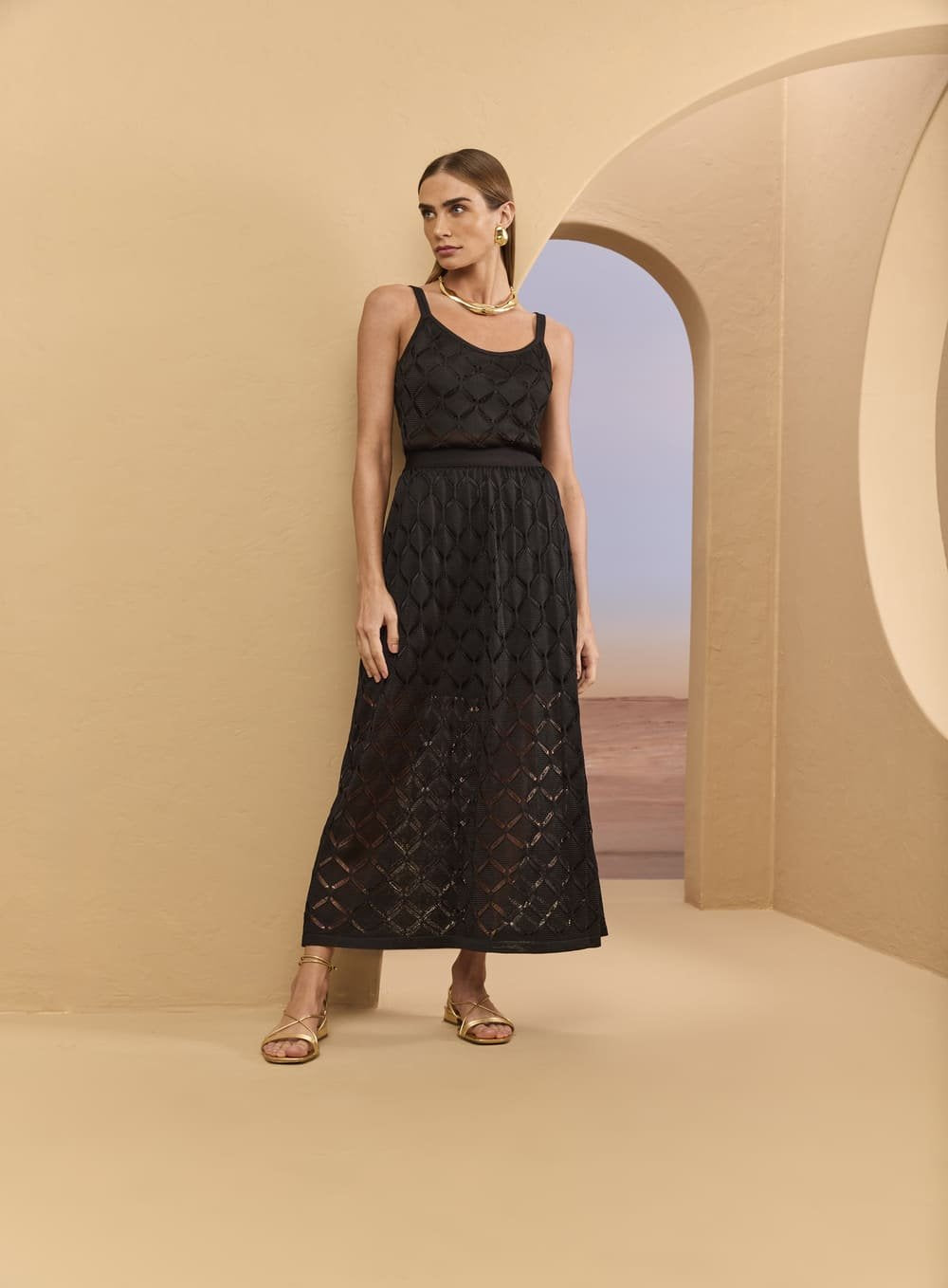 Saia Midi Tricot Rendado Bege Skazi -SALE