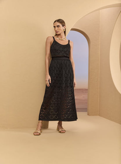 Saia Midi Tricot Rendado Bege Skazi -SALE