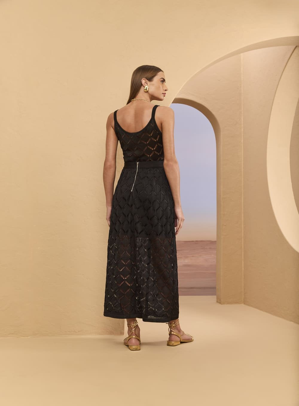 Saia Midi Tricot Rendado Bege Skazi -SALE