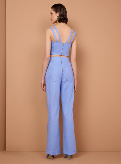 Conjunto Azul Cropped Recorte em V e Calça Tufi Duek