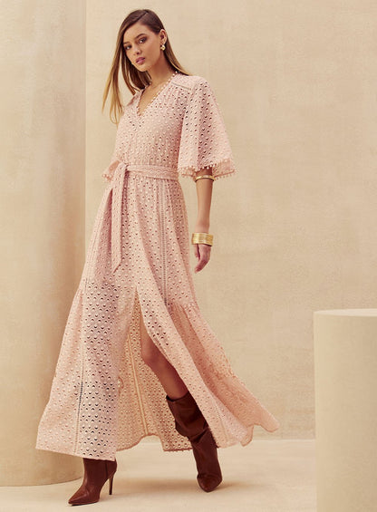 Vestido Aplicação Renda Rosa Skazi -SALE