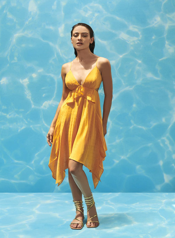 Vestido Curto Barra Assimetrica Dourado Skazi -SALE