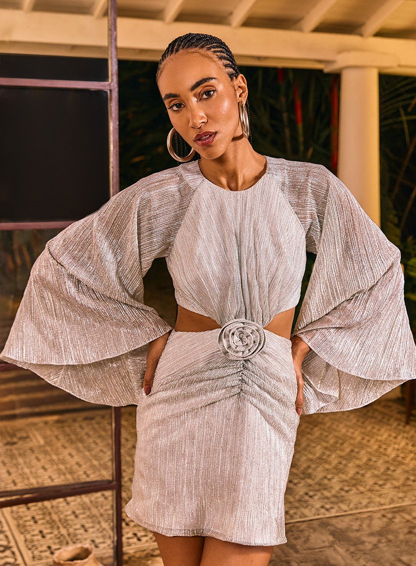 Vestido Curto Drapeado Flor Prata Estampado Tufi Duek -SALE