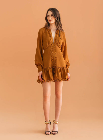 Vestido Curto Entremeios Marrom Skazi -SALE