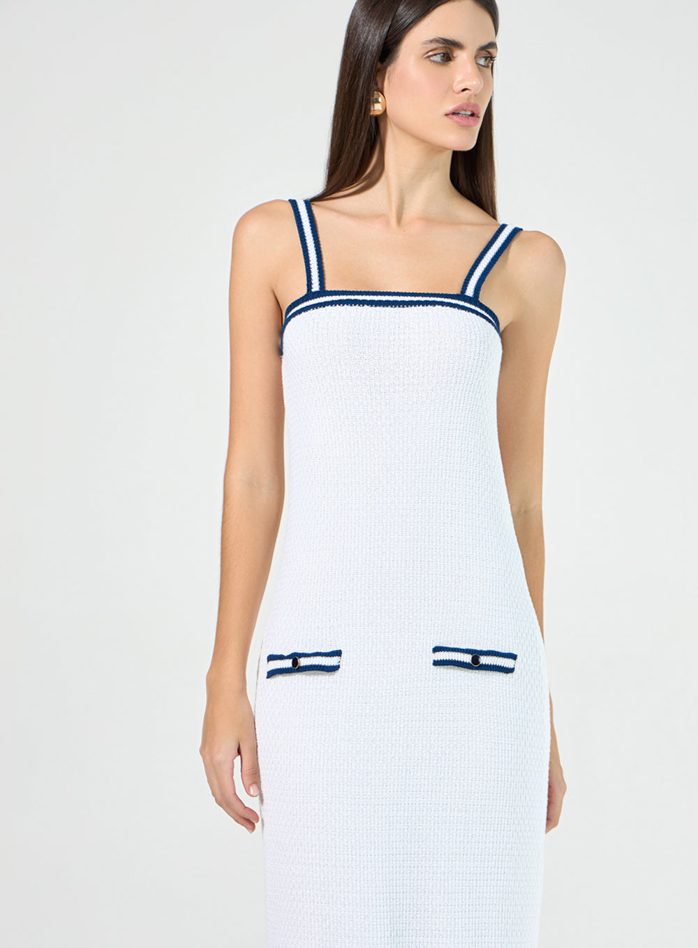 Vestido Off White Midi com Listras Azuis em Tricot Tufi Duek