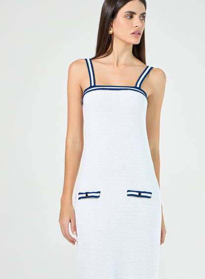 Vestido Off White Midi com Listras Azuis em Tricot Tufi Duek