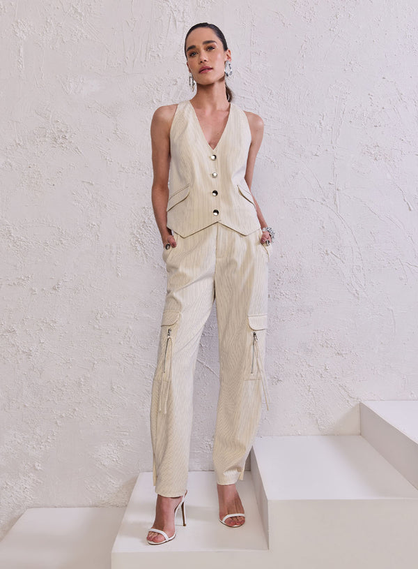 Conjunto Off White Colete e Calça Cargo Listras Tufi Duek