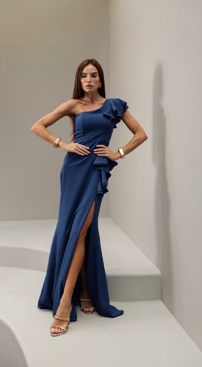 Vestido Ombro Só Babado com Fenda Amicci