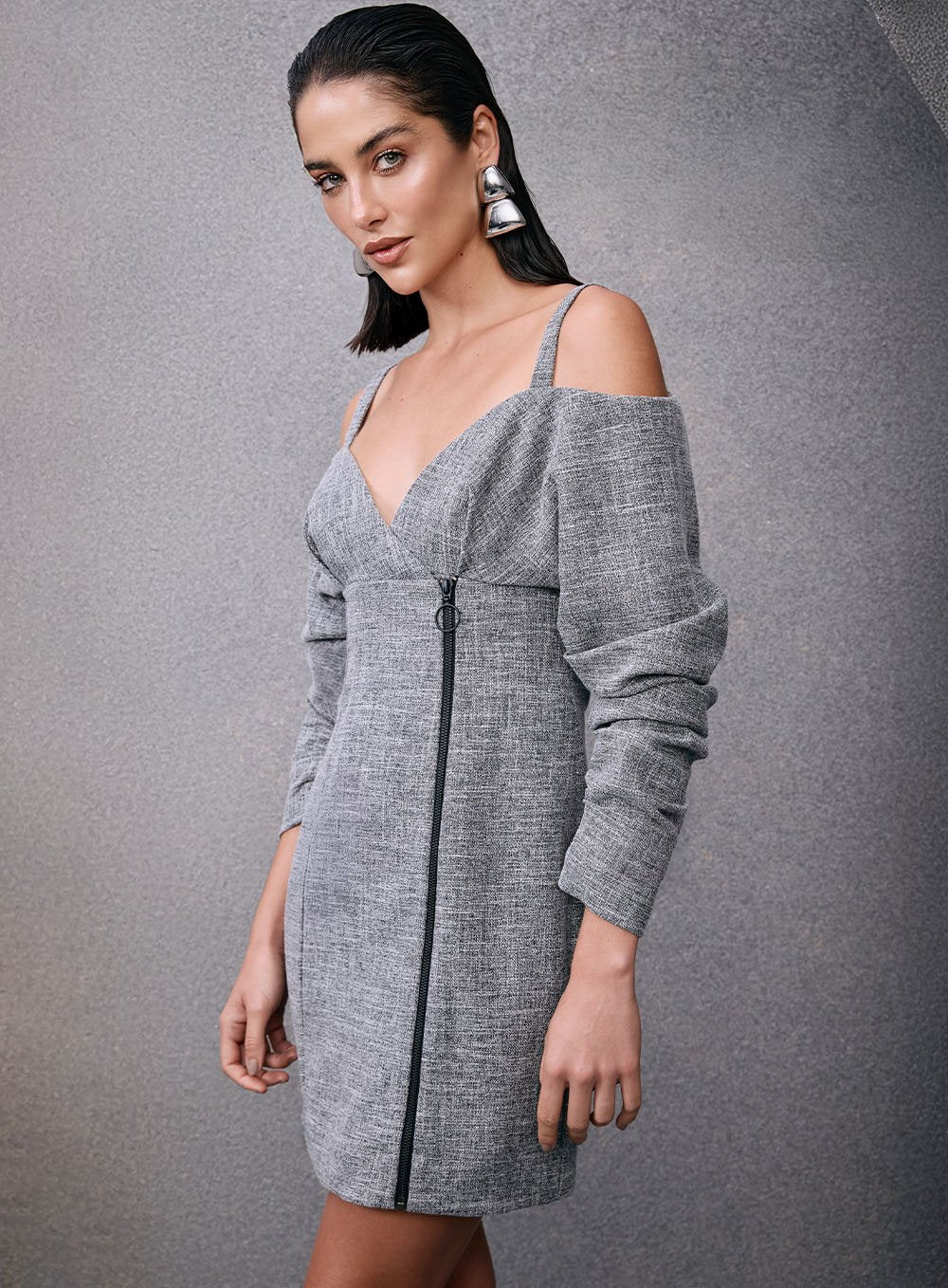Vestido Curto Manga Longa Tweed Slim Cinza Tufi Duek -SALE