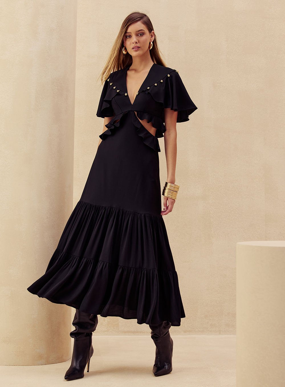 Vestido Cut Out Babados Preto Skazi -SALE