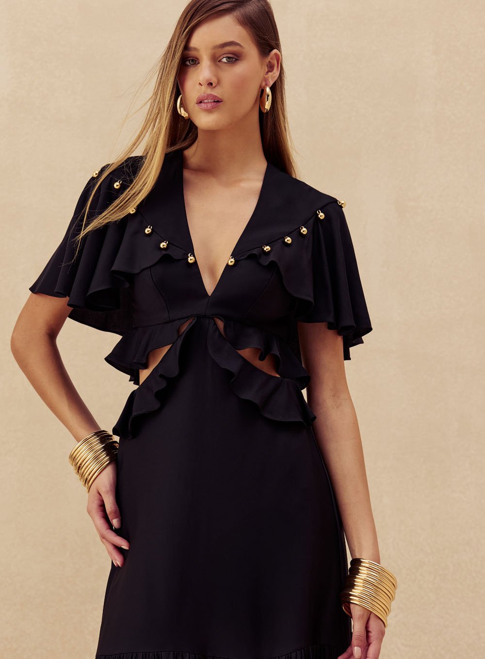 Vestido Cut Out Babados Preto Skazi -SALE