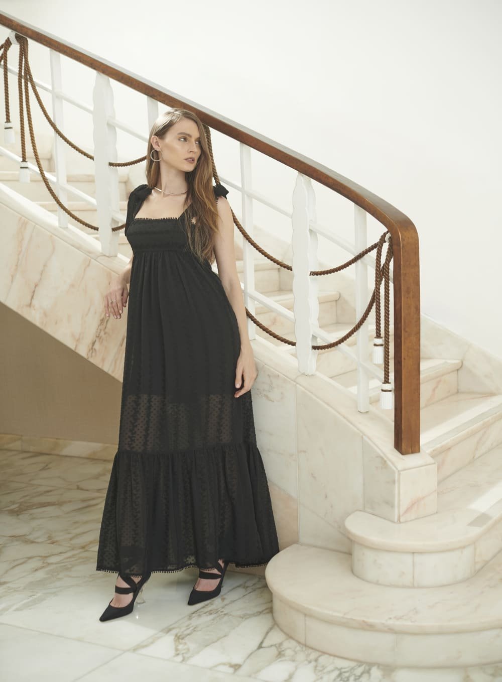 Vestido Longo Alca Laço Preto Skazi -SALE