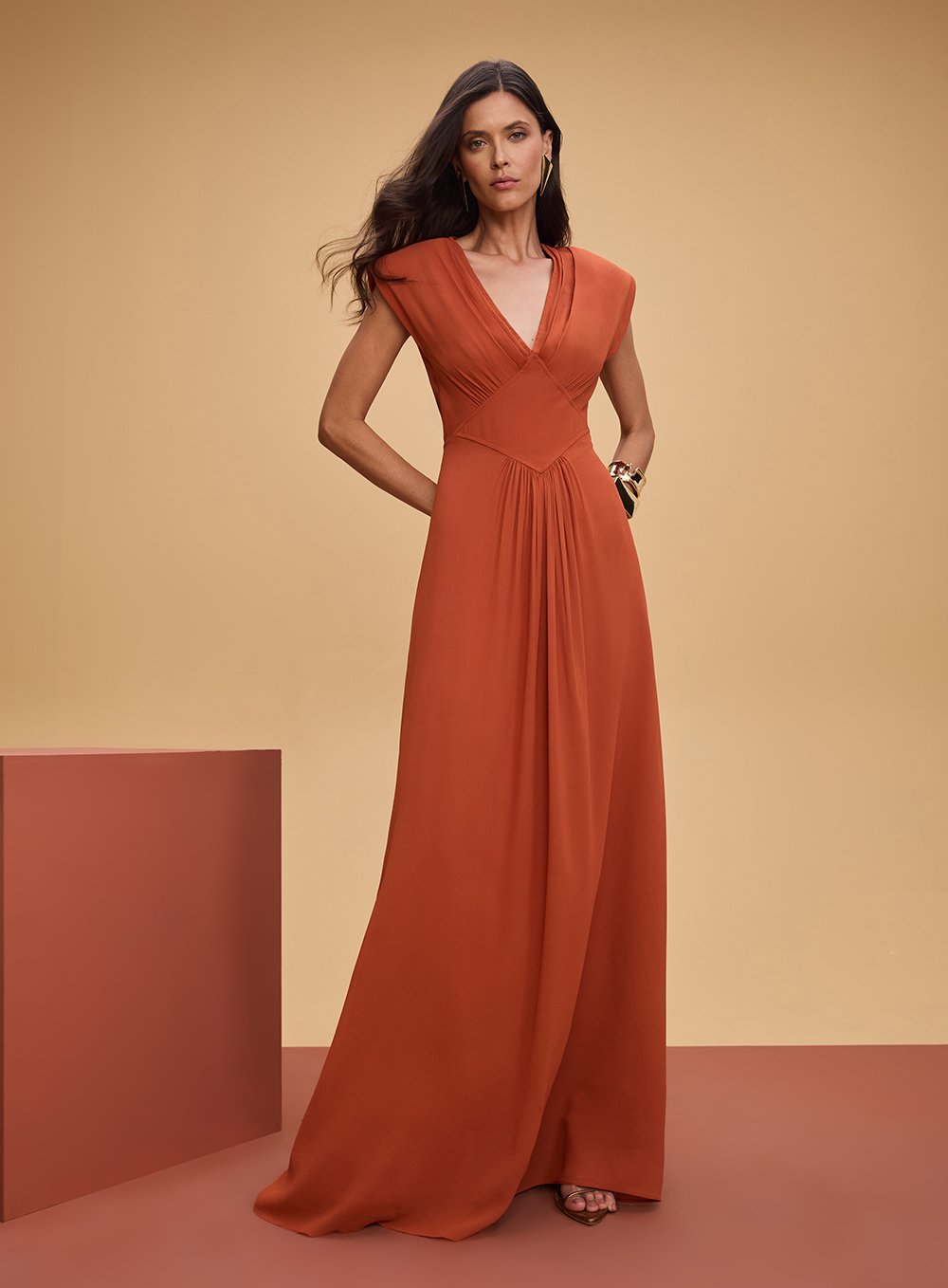 Vestido Longo Corpo Pregas Laranja Tufi Duek -SALE
