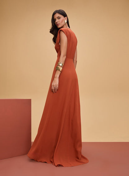 Vestido Longo Corpo Pregas Laranja Tufi Duek -SALE