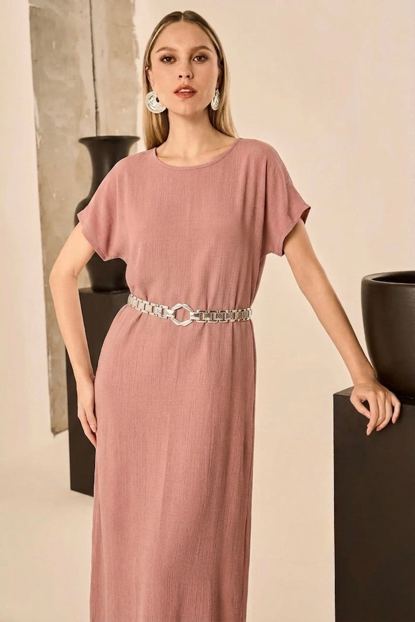 Vestido Rosa em Linho (Sem cinto) Villa