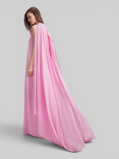 Vestido Rosa Claro Longo com Aplicação de Flor Aurea Dress