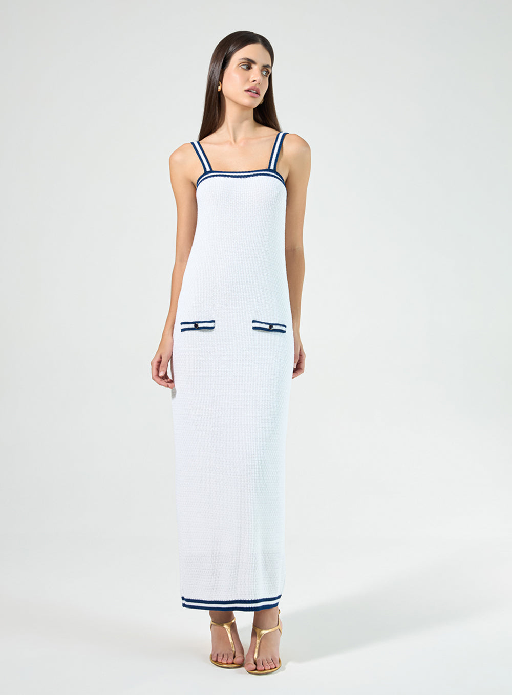 Vestido Off White Midi com Listras Azuis em Tricot Tufi Duek