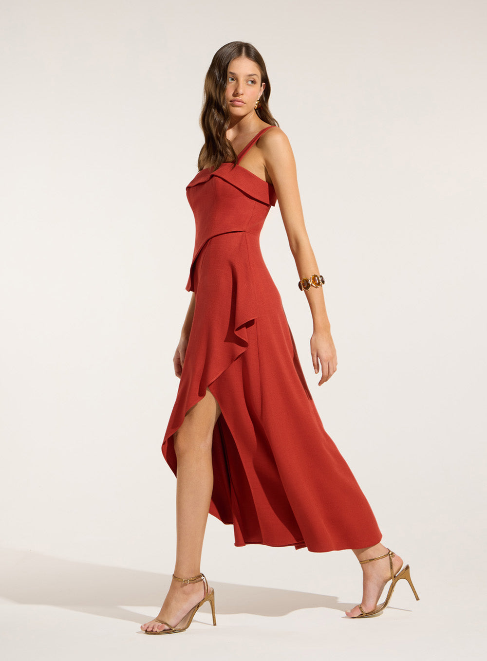 Vestido Terracota Assimétrico Babados Skazi