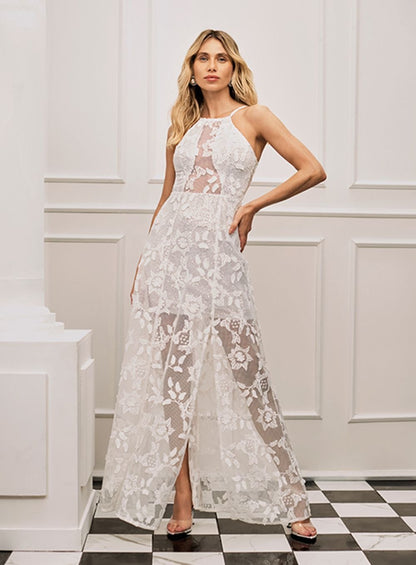 Vestido Longo Tela Rendado 3d Off White Skazi -SALE