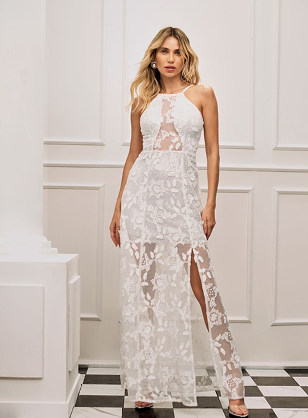 Vestido Longo Tela Rendado 3d Off White Skazi -SALE