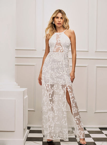 Vestido Longo Tela Rendado 3d Off White Skazi -SALE