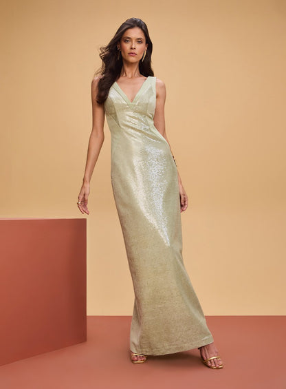 Vestido Longo Veludo Paetê Verde Tufi Duek -SALE