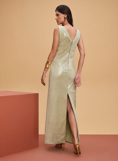 Vestido Longo Veludo Paetê Verde Tufi Duek -SALE