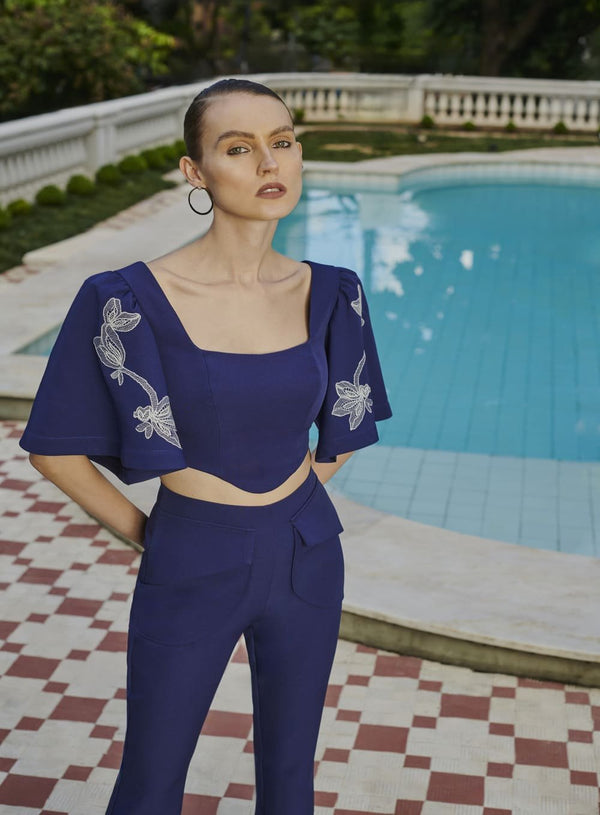 Blusa Gran Twill Bordado Mangas Azul Skazi -SALE