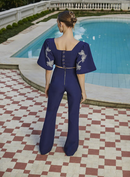 Blusa Gran Twill Bordado Mangas Azul Skazi -SALE