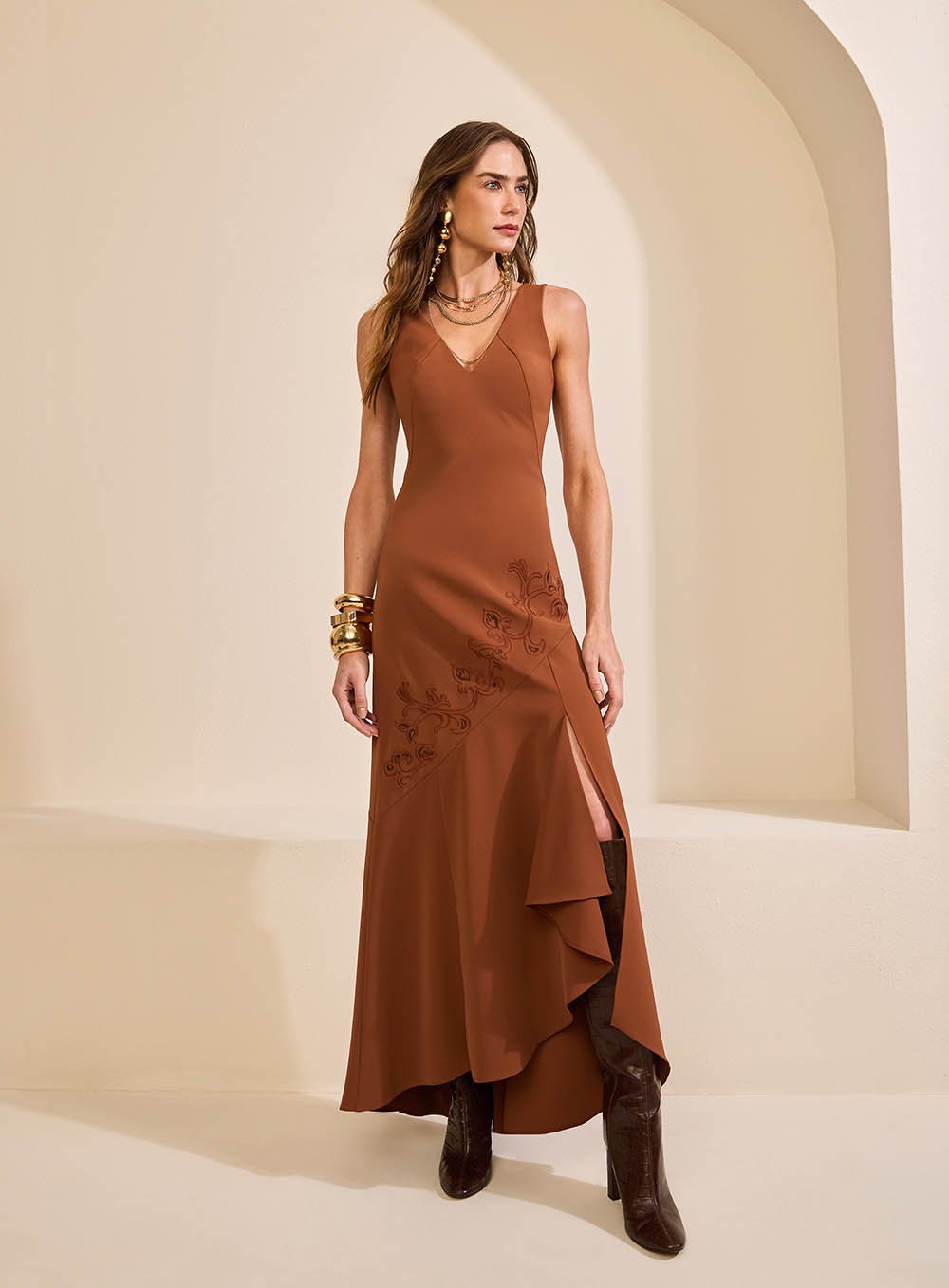 Vestido Max Midi Botto Marrom Skazi -SALE