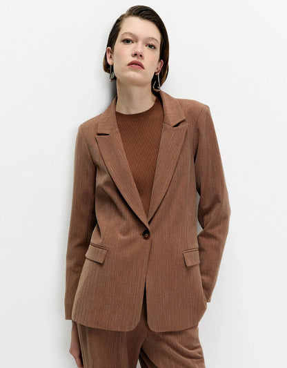 Blazer Marrom Alfaiataria Risca de Giz Shoulder