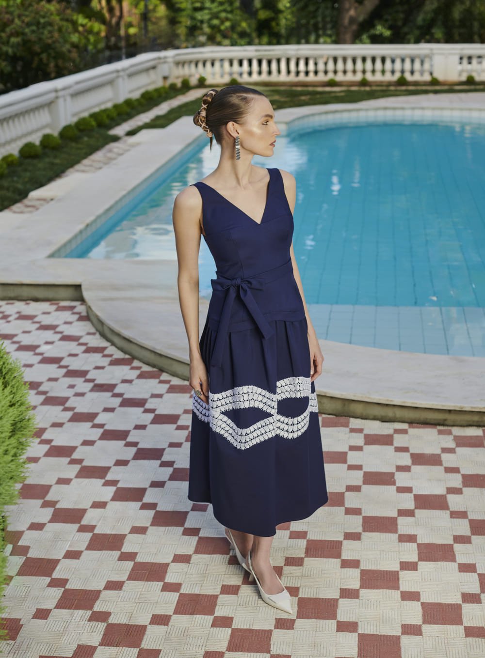Vestido Maxi Midi Aplique Marinho Skazi -SALE