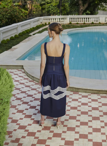 Vestido Maxi Midi Aplique Marinho Skazi -SALE