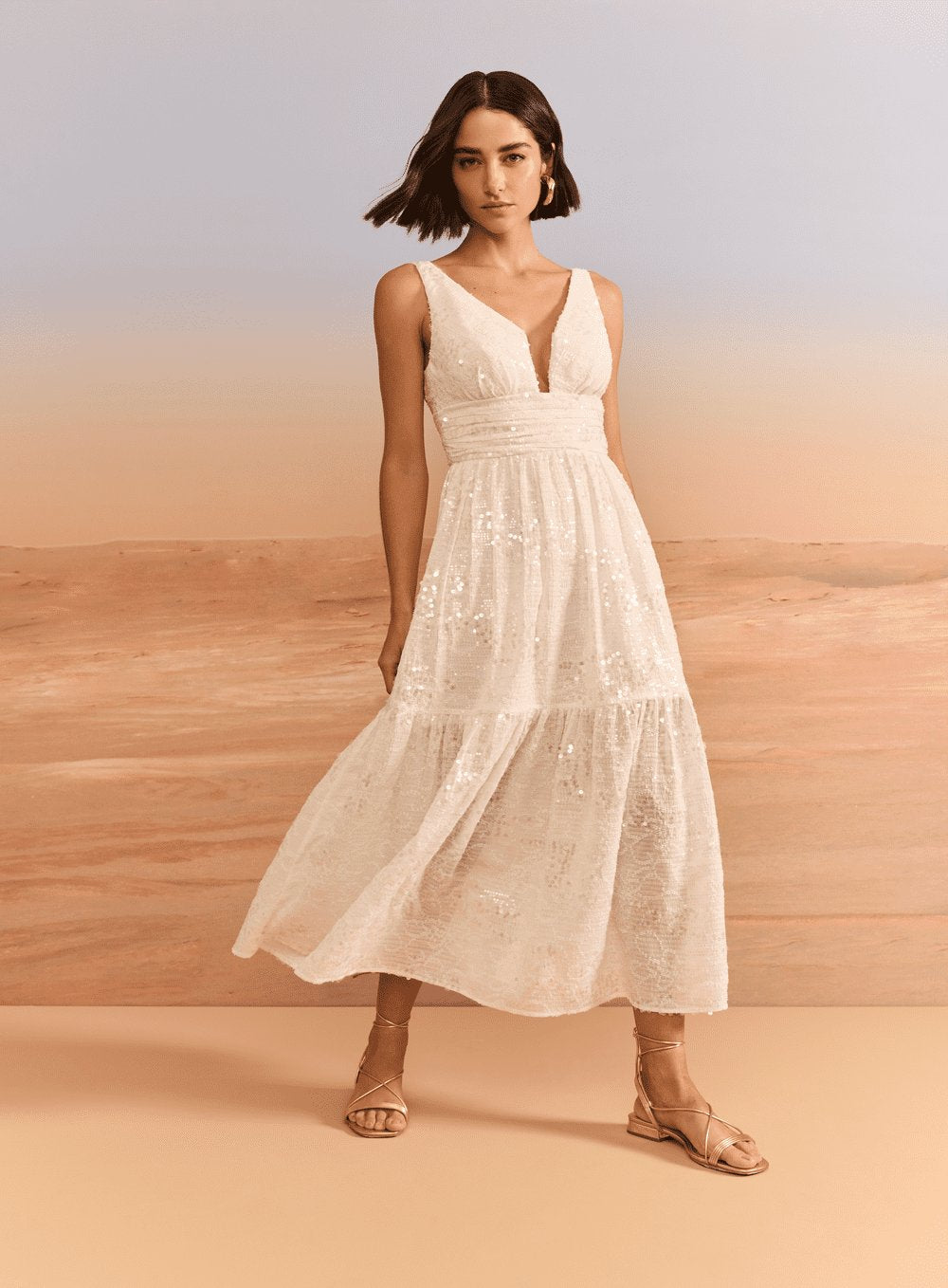 Vestido Maxi Midi Decote Quadrado Off White Skazi -SALE