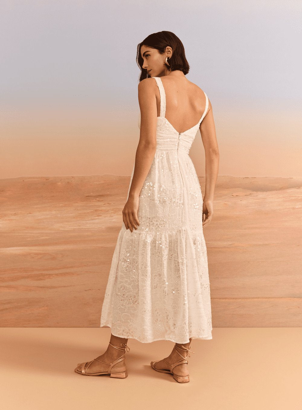 Vestido Maxi Midi Decote Quadrado Off White Skazi -SALE