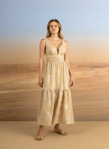 Vestido Maxi Midi Decote Quadrado Off White Skazi -SALE
