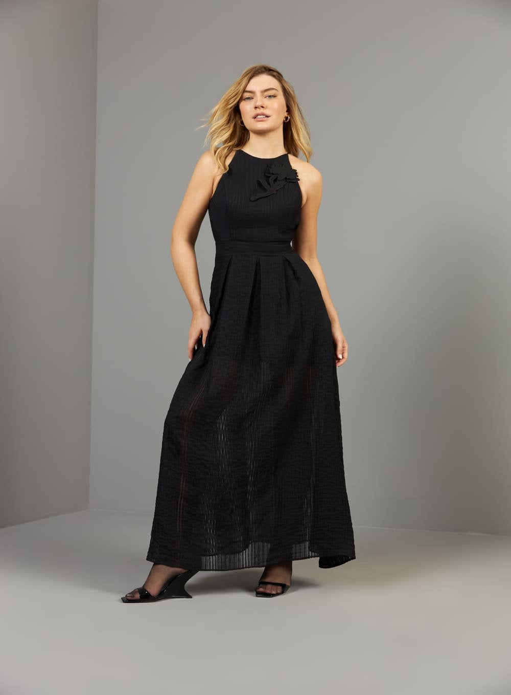 Vestido Maxi Midi Saia Pregas Preto Skazi -SALE