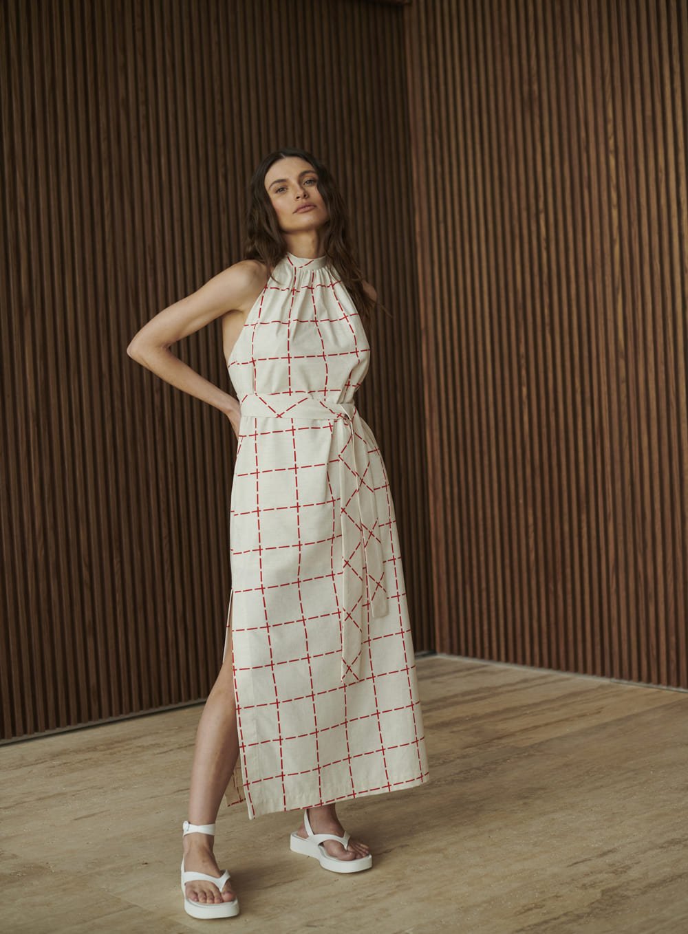 Vestido Midi Grid com Faixa Estampado Tufi Duek -SALE