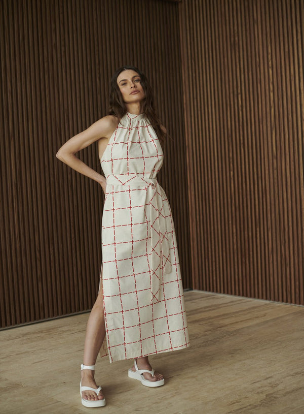 Vestido Midi Grid com Faixa Estampado Tufi Duek -SALE