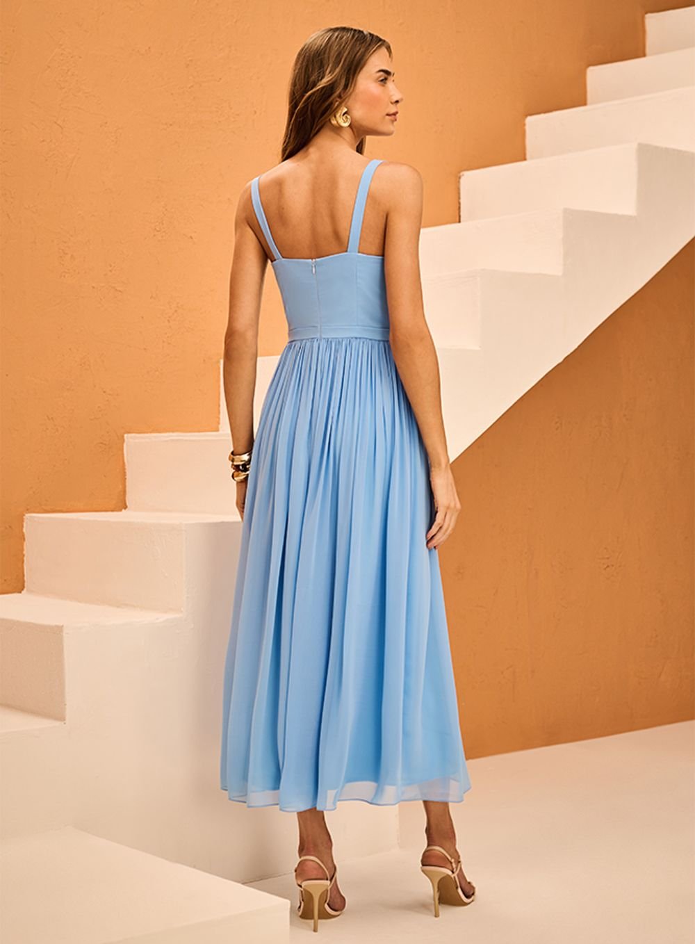 Vestido Midi Barrado Drapee Azul Skazi -SALE