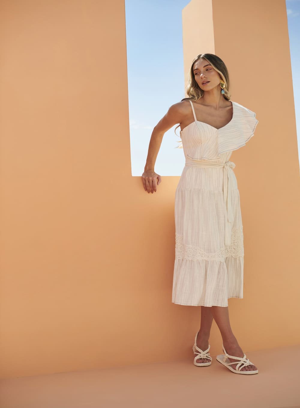 Vestido Midi Barrado Renda Rosa Skazi -SALE