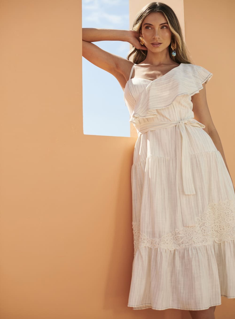 Vestido Midi Barrado Renda Rosa Skazi -SALE