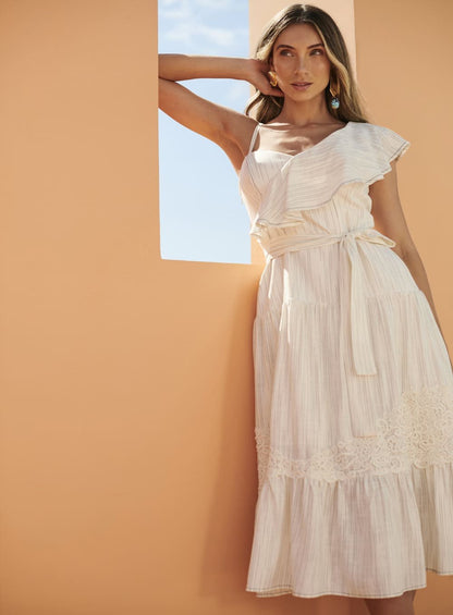 Vestido Midi Barrado Renda Rosa Skazi -SALE