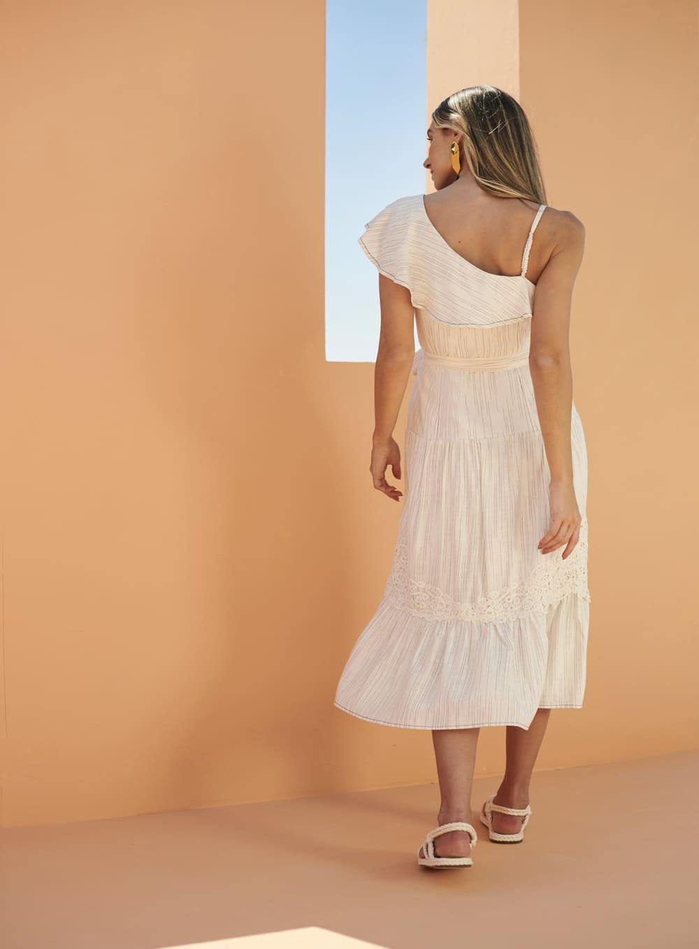 Vestido Midi Barrado Renda Rosa Skazi -SALE