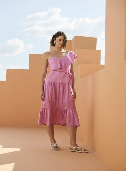 Vestido Midi Barrado Renda Rosa Skazi -SALE