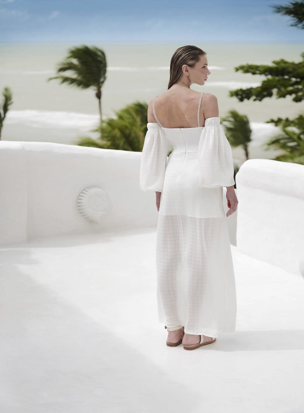 Vestido Midi Bordado Strass Off White Skazi -SALE