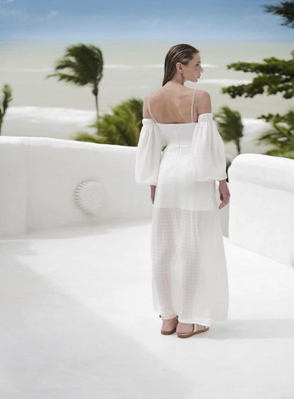 Vestido Midi Bordado Strass Off White Skazi -SALE