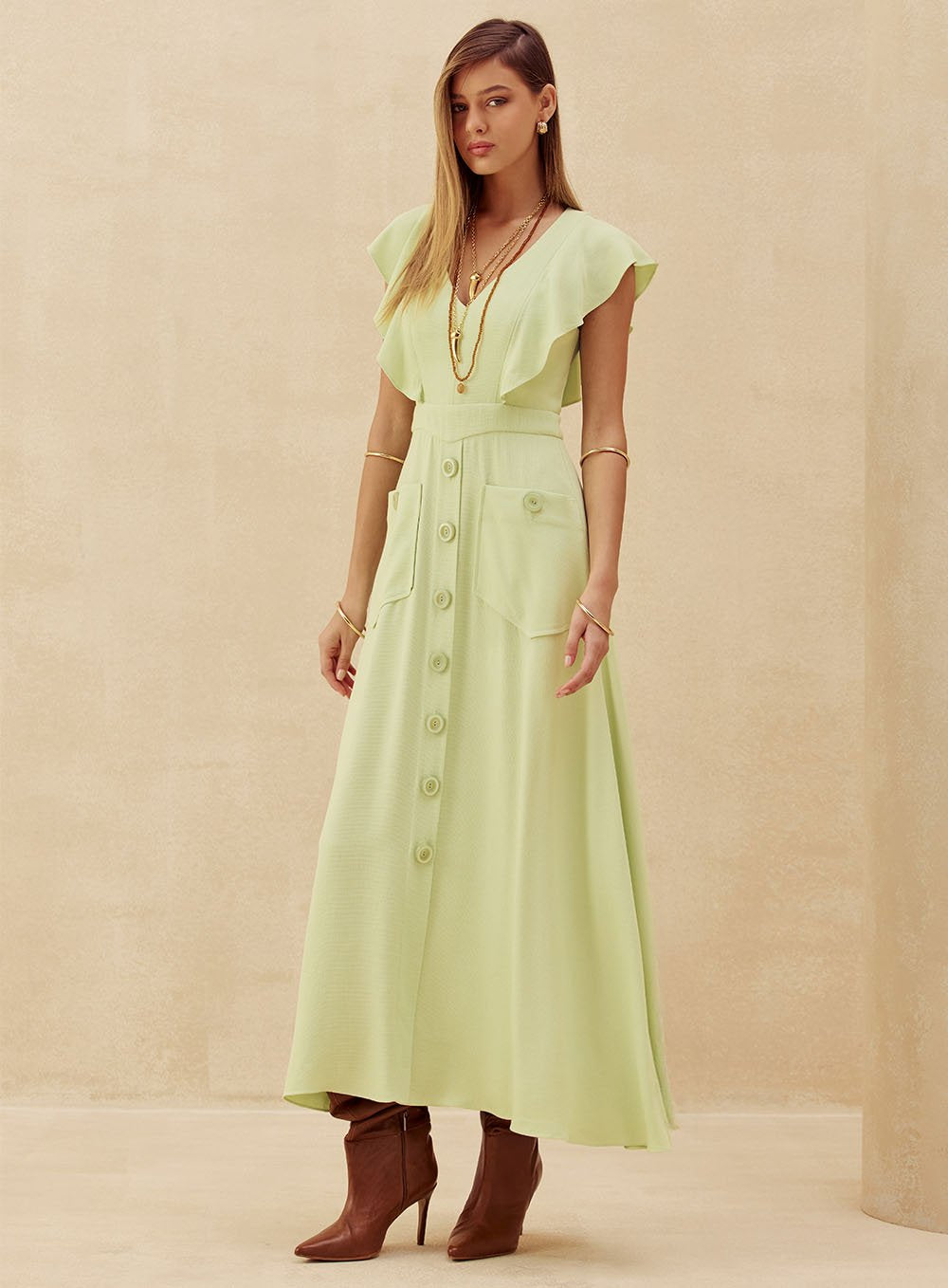 Vestido Midi Botões Verde Skazi -SALE