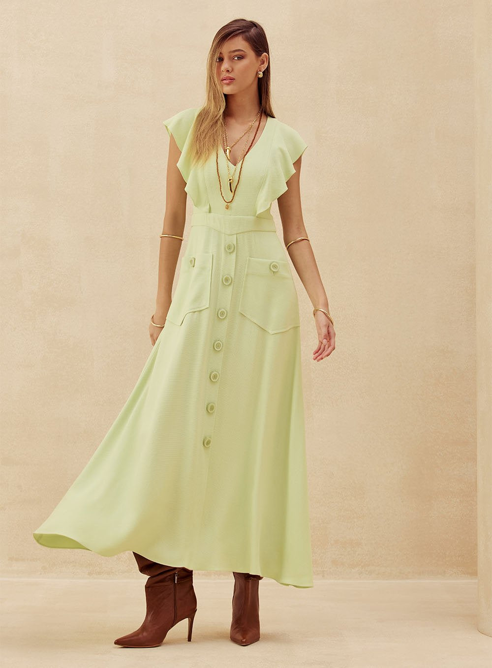 Vestido Midi Botões Verde Skazi -SALE